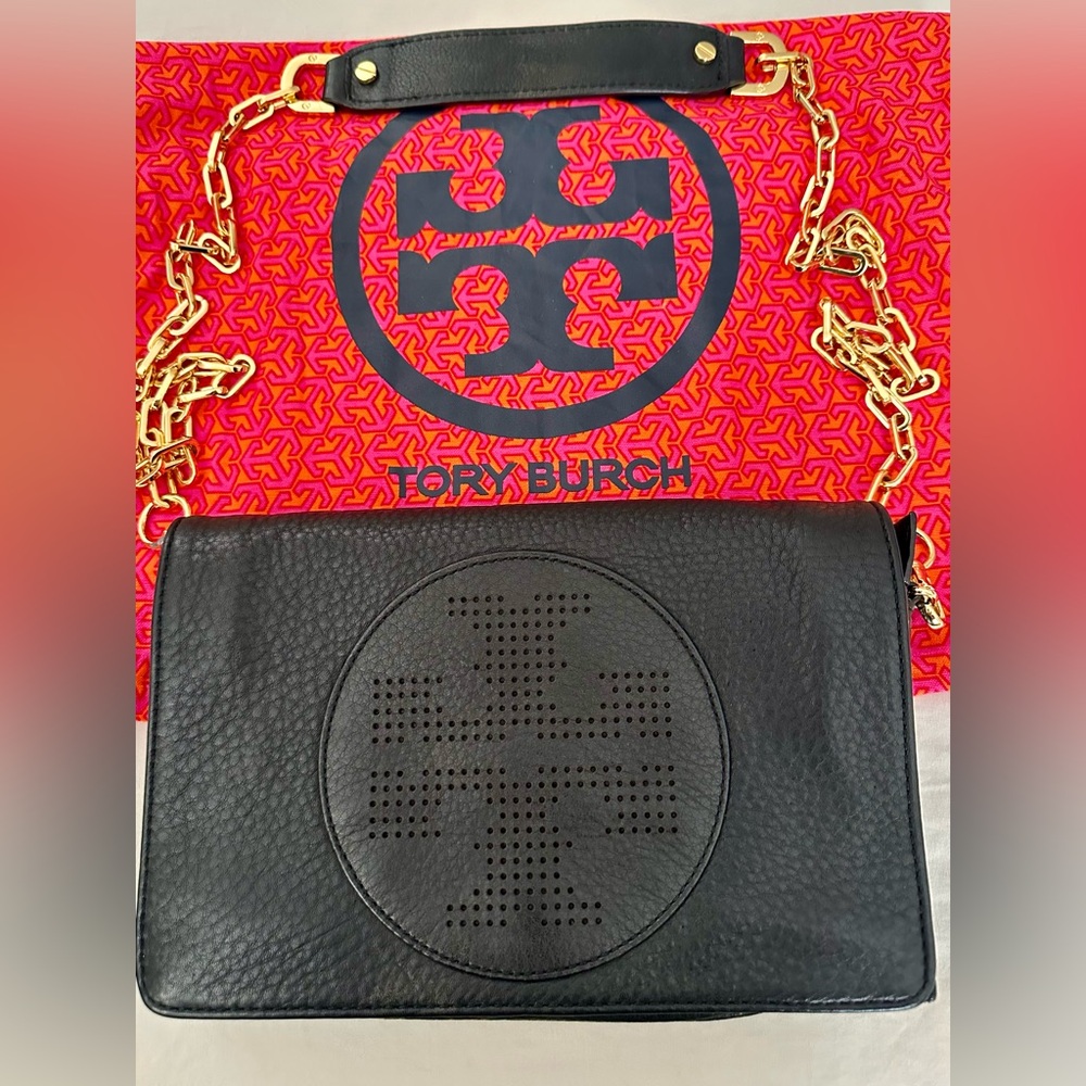 TORY BURCH KIPP CROSSBODY/SHOULDER/CLUTCH BAG - BLK & GOLD CHAIN